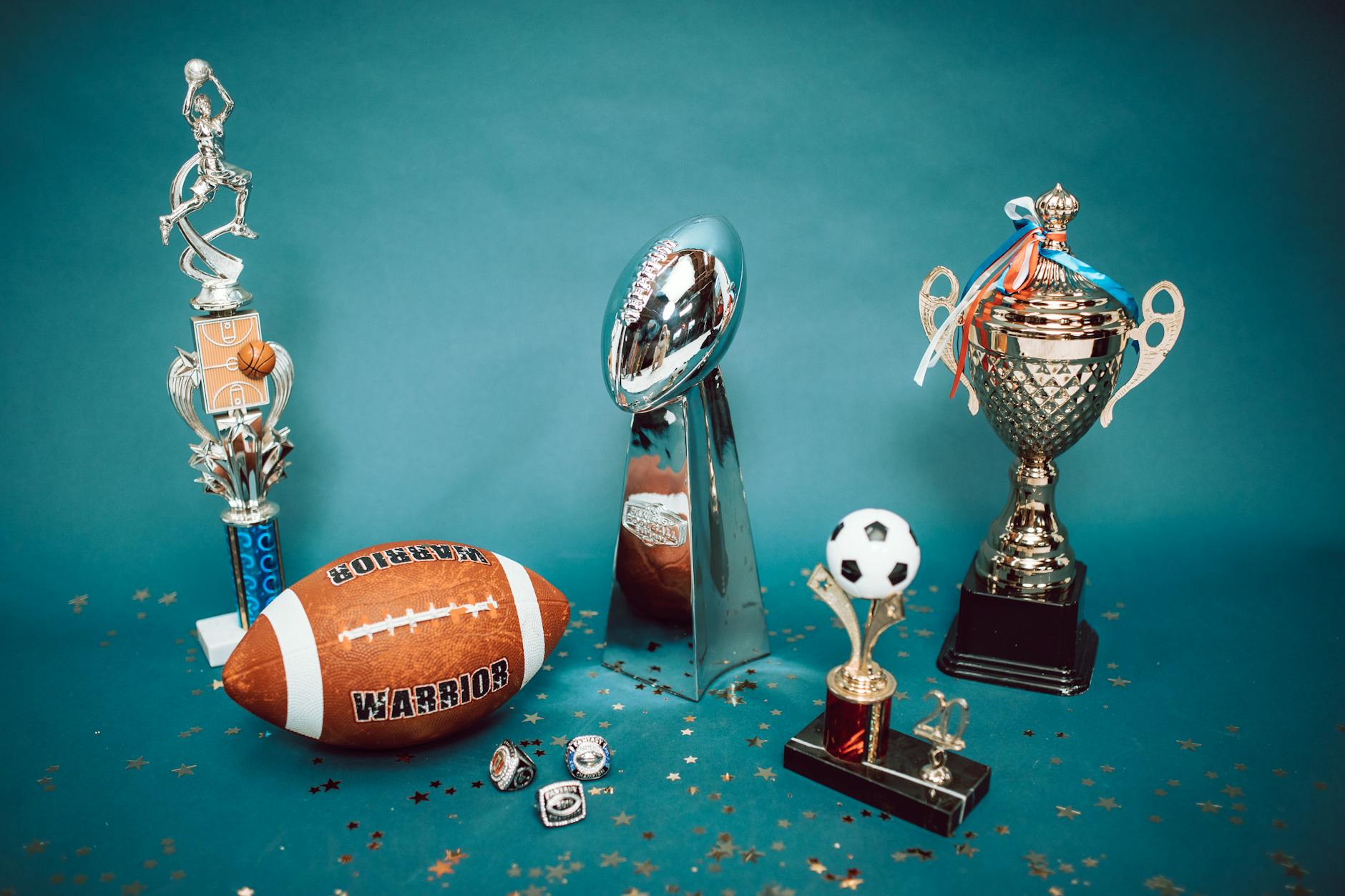 Sports trophies and memorabilia representing hockey achievement